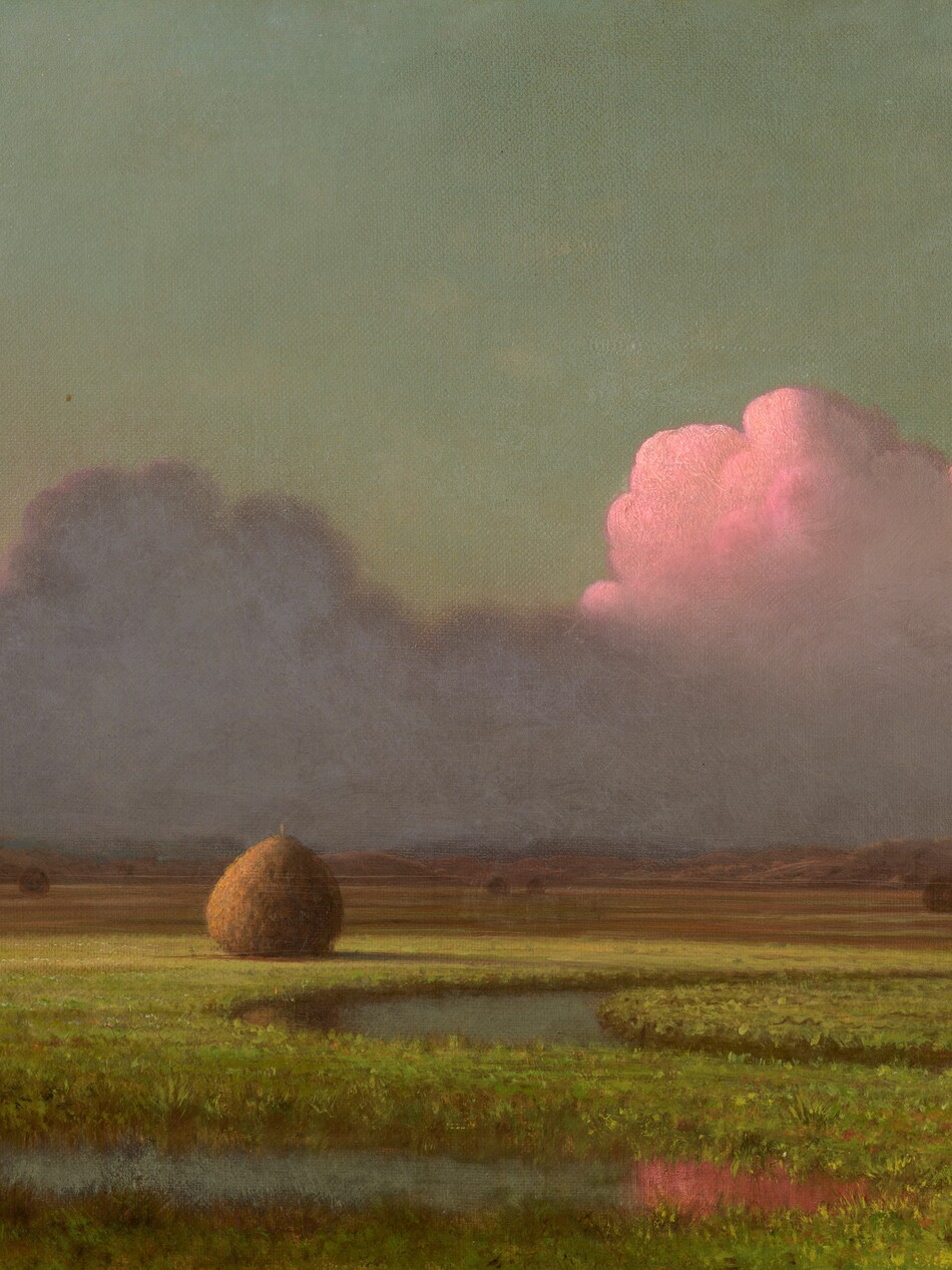 Tall, billowing, lavender-purple and shell-pink clouds line the distant horizon over a vast plain of flat grassy land in this horizontal landscape painting. Closest to us to the lower left, a tree with a gnarled trunk and round, sage-green canopy sits mostly in shadow. A river curves from near the tree to cut across most of the landscape in a tight S-shape. One plump haystack, shaped like a giant teardrop, sits near a curve of the river in the vivid, lemon-lime field, to our left of center. One brown and one white cow graze across the river, to our right. Above tawny-brown hills lining the horizon, sunlight from our left turns the tops of the band of clouds pale pink, and the undersides are grayish-purple. The sky above is turquoise. The artist signed the lower right corner, “M J Heade.”
